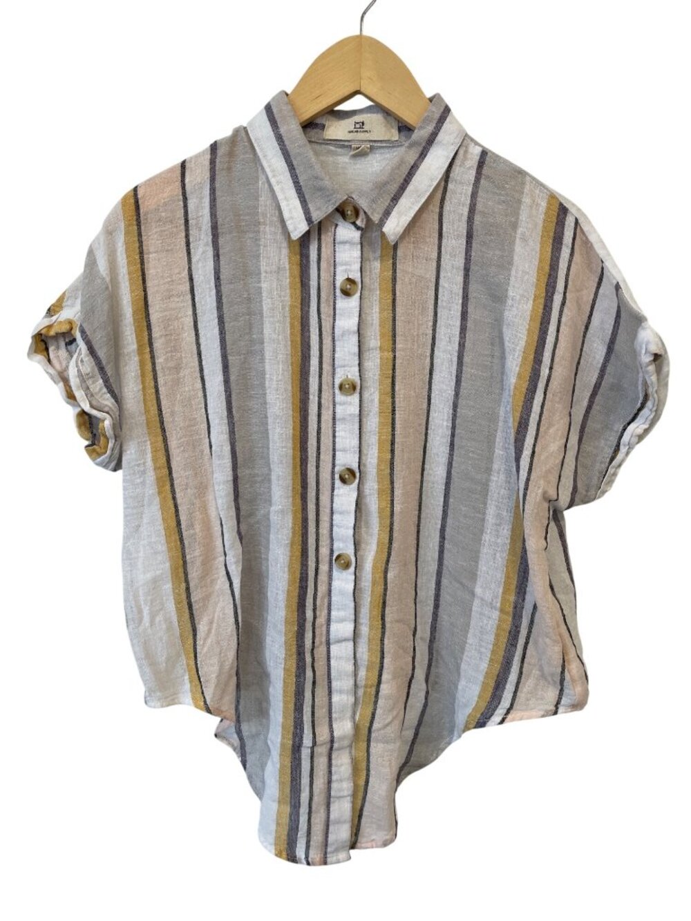 Thread & Supply Shirt Large Striped Button Up Tie Front Short Sleeve Gray Gold